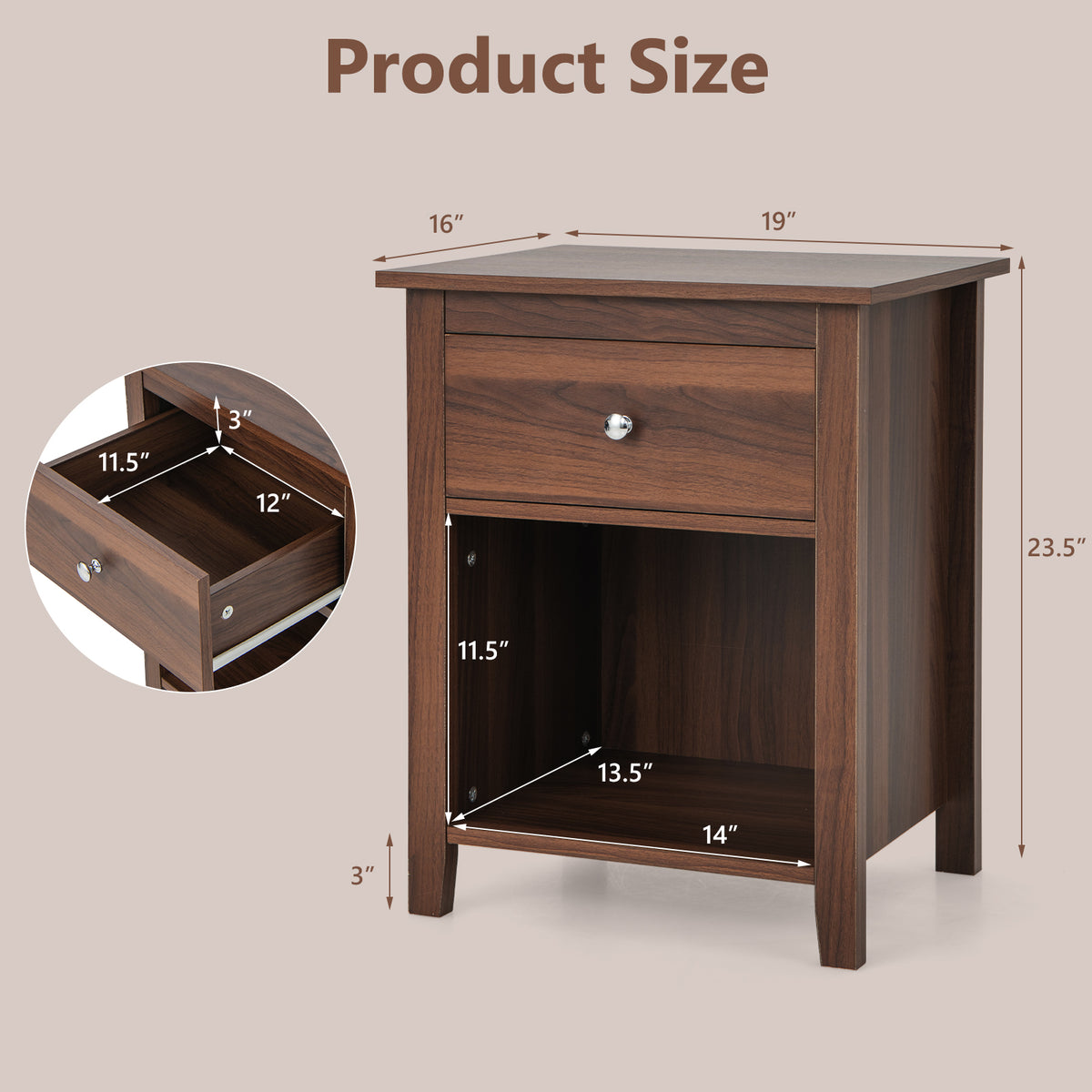 Wooden Nightstand with Slide-out Drawer and Open Shelf-Walnut-Nightstands-DECOROLALA