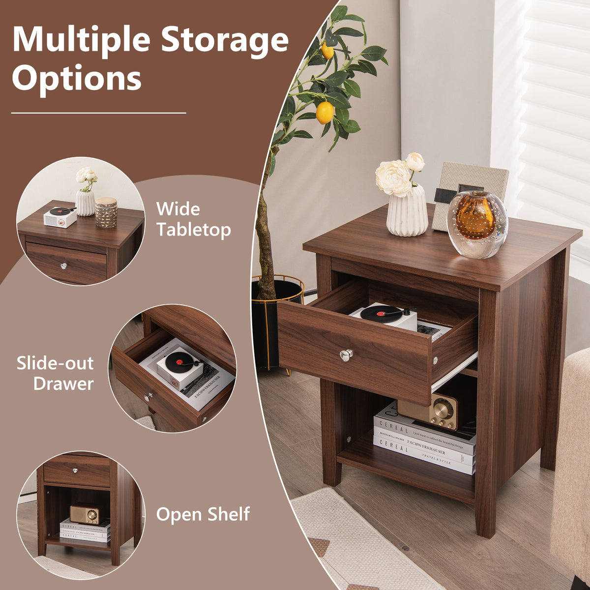 Wooden Nightstand with Slide-out Drawer and Open Shelf-Walnut-Nightstands-DECOROLALA