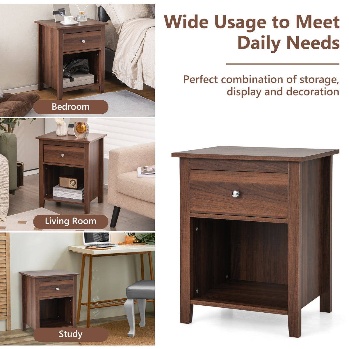 Wooden Nightstand with Slide-out Drawer and Open Shelf-Walnut-Nightstands-DECOROLALA