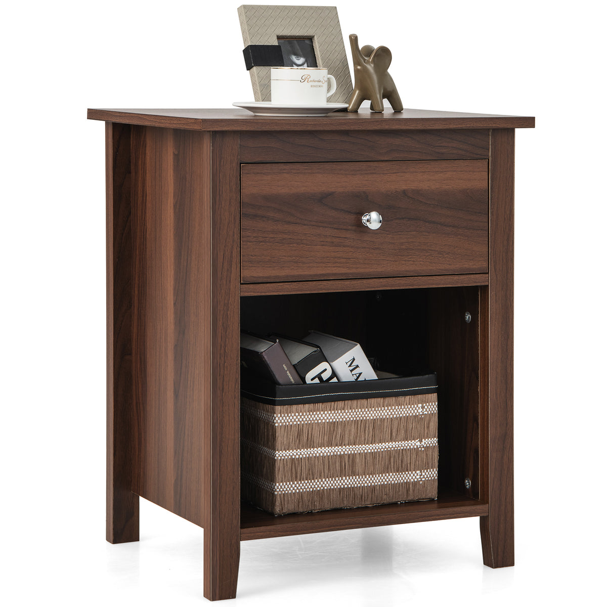 Wooden Nightstand with Slide-out Drawer and Open Shelf-Walnut-Nightstands-DECOROLALA