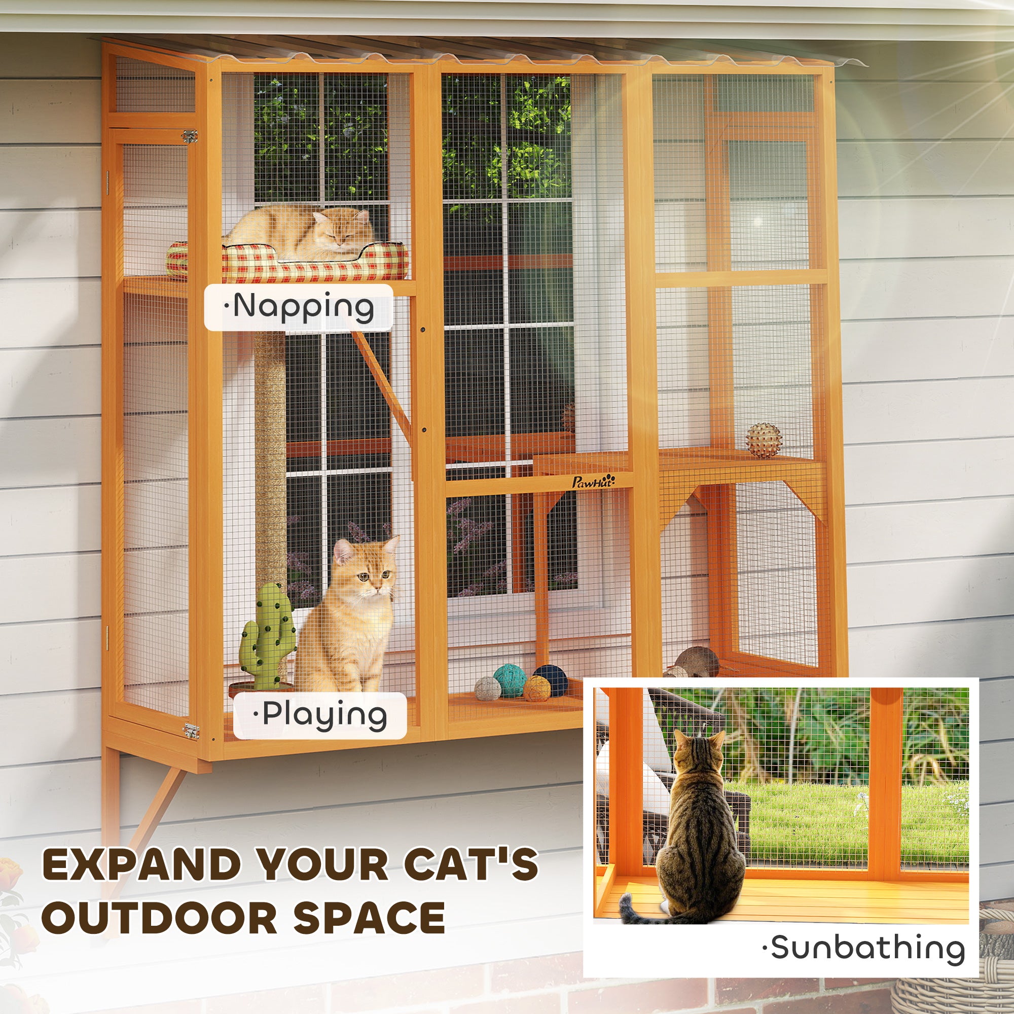 Wooden Outdoor Catio - 3-Tier Cat Window Box Enclosure-DECOROLALA