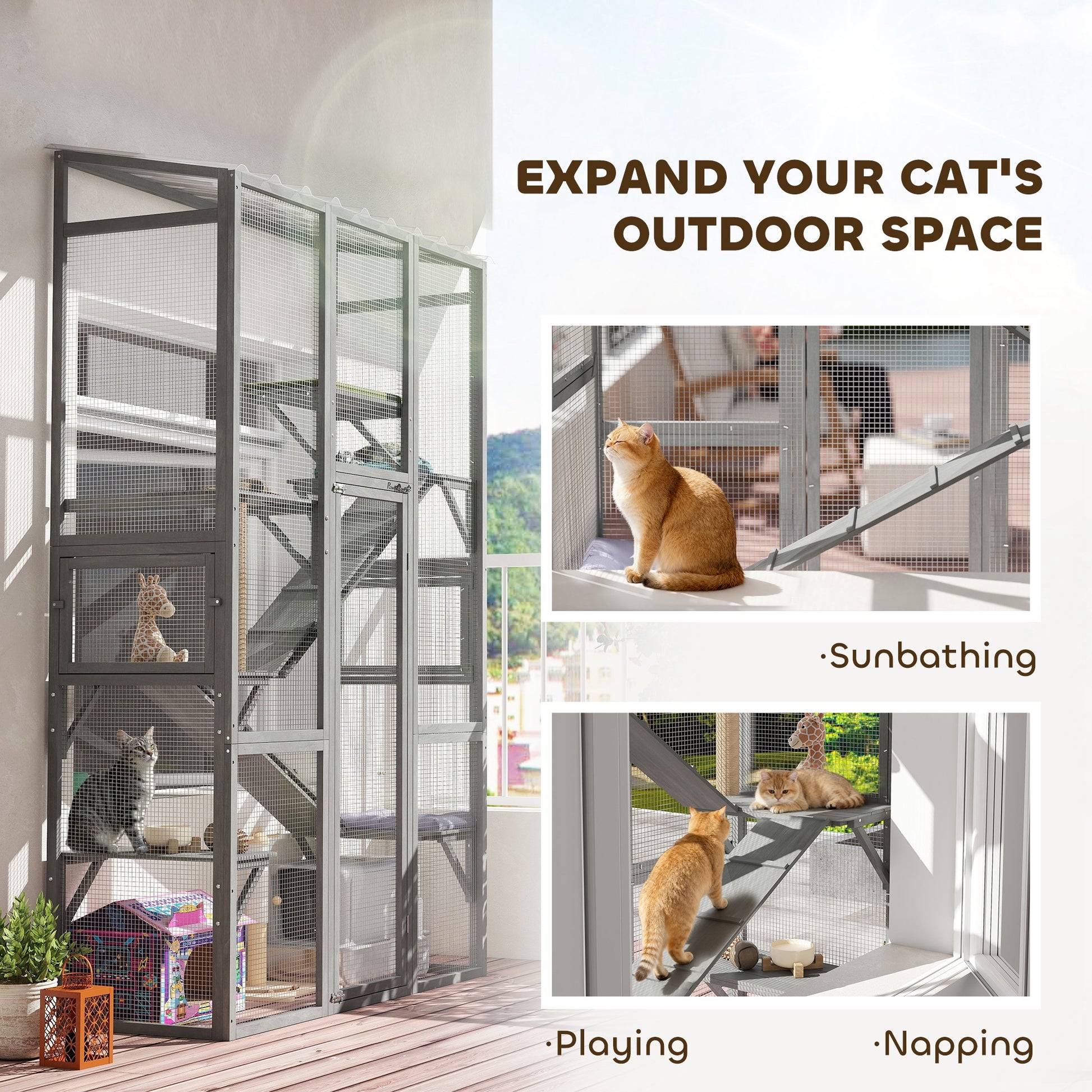 Wooden Outdoor Catio - Wall-Mounted Cat Enclosure, Grey-DECOROLALA