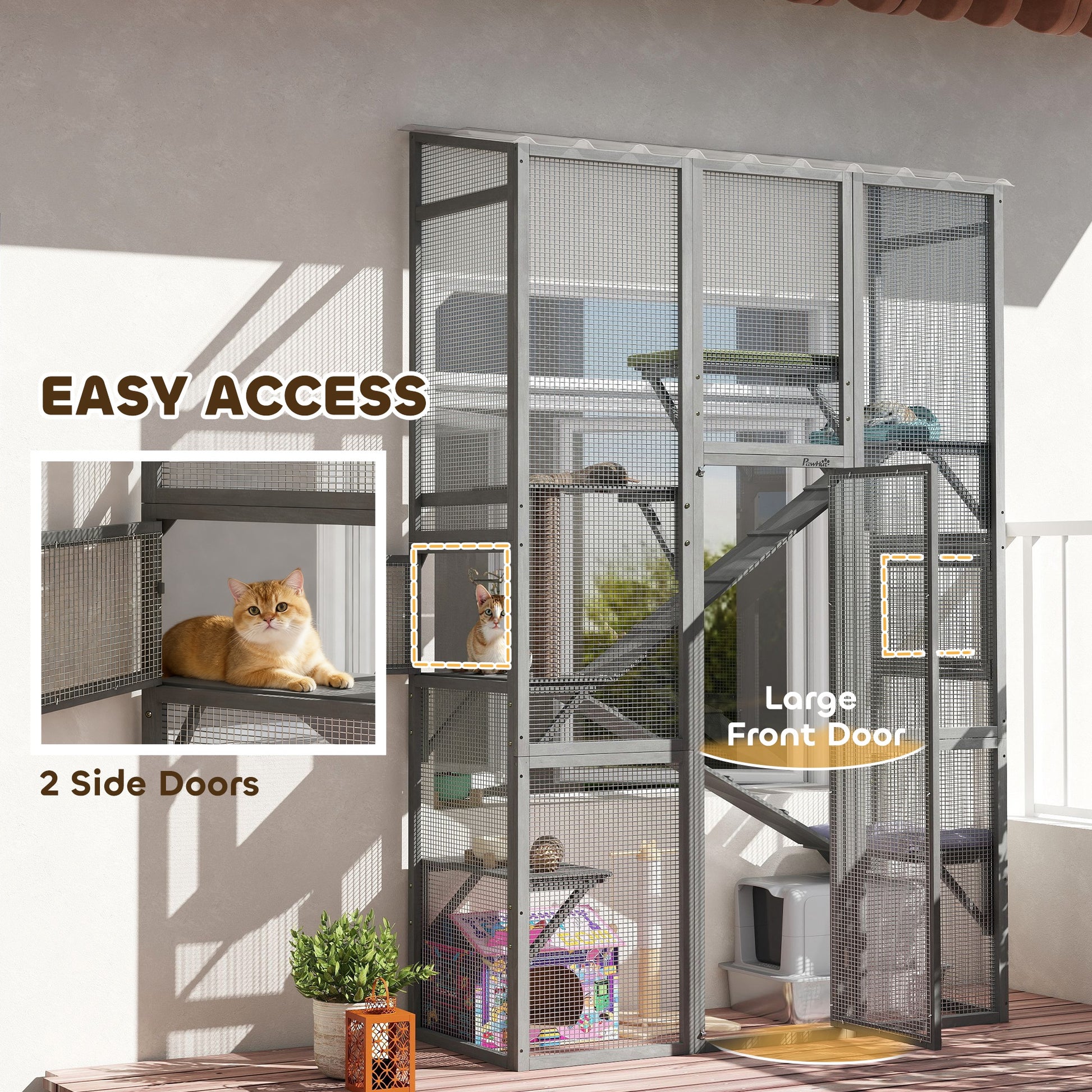 Wooden Outdoor Catio - Wall-Mounted Cat Enclosure, Grey-DECOROLALA