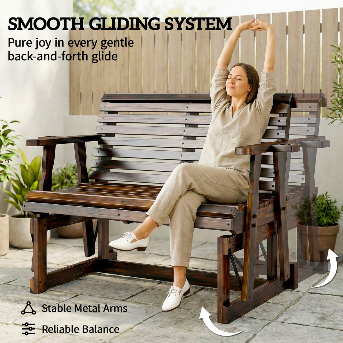 Wooden Outdoor Glider Bench with 2 Cupholders - Carbonized-Outdoor Benches-DECOROLALA