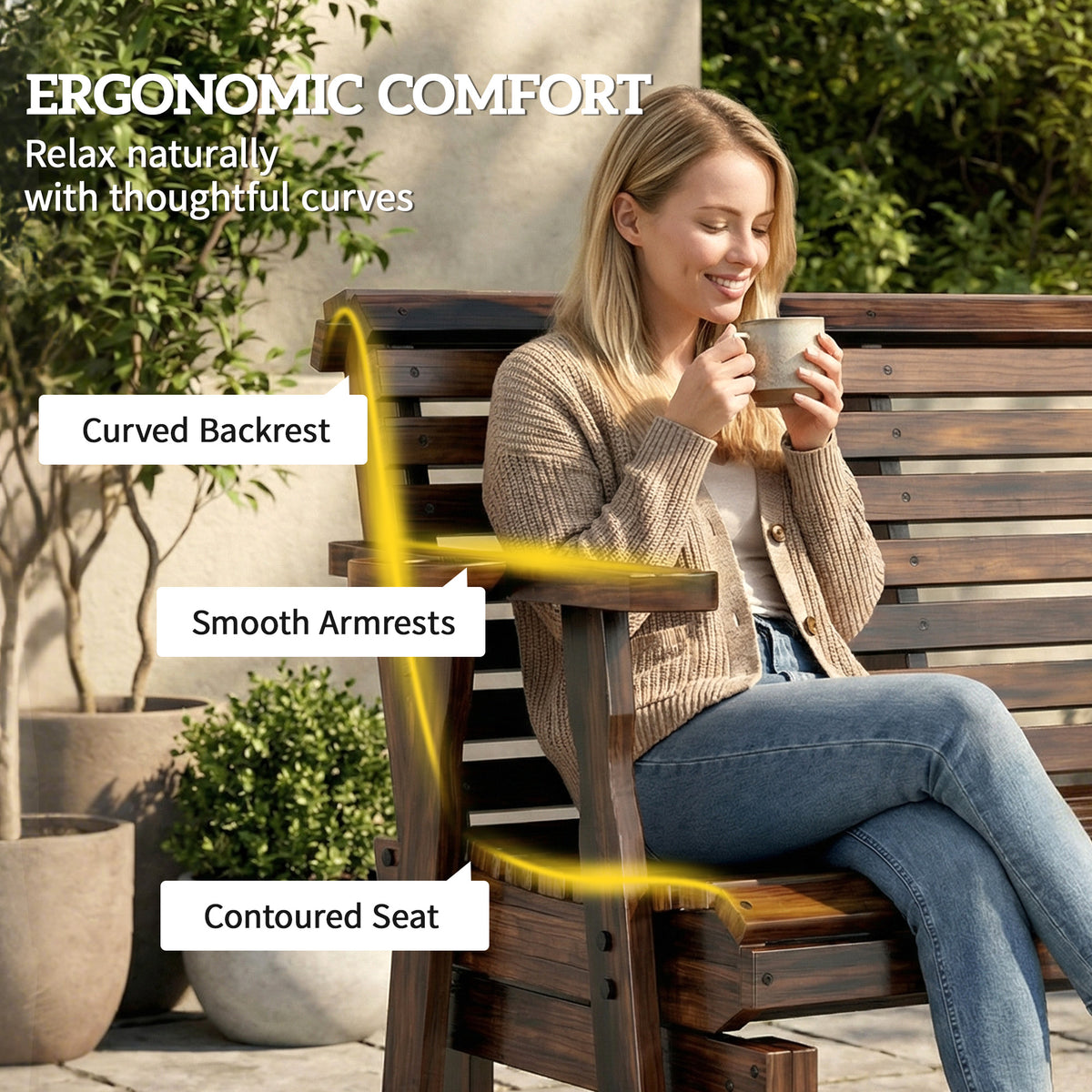 Wooden Outdoor Glider Bench with 2 Cupholders - Carbonized-Outdoor Benches-DECOROLALA
