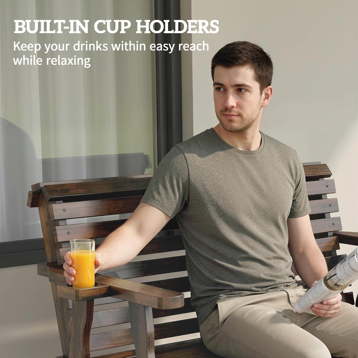 Wooden Outdoor Glider Bench with 2 Cupholders - Carbonized-Outdoor Benches-DECOROLALA