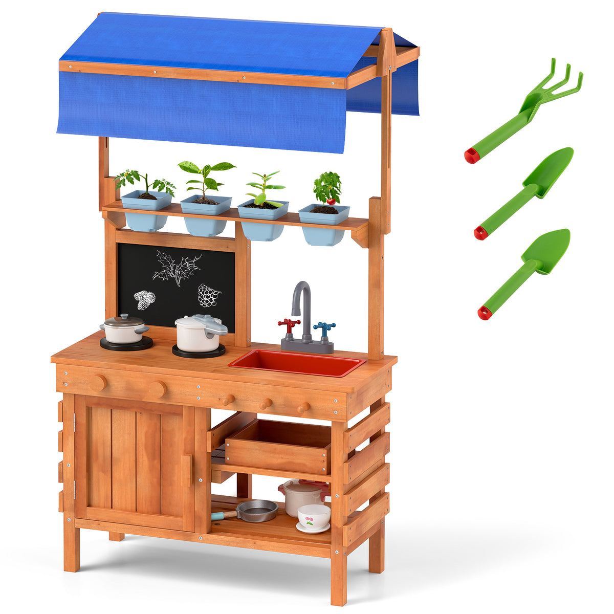 Wooden Outdoor Mud Kitchen Playset with Canopy - Natural-Play Kitchen Sets-DECOROLALA