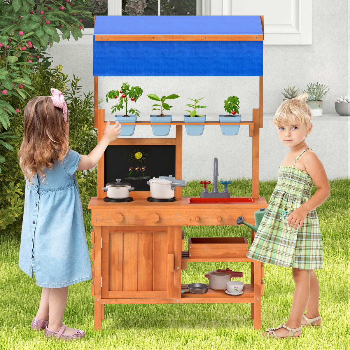 Wooden Outdoor Mud Kitchen Playset with Canopy - Natural-Play Kitchen Sets-DECOROLALA