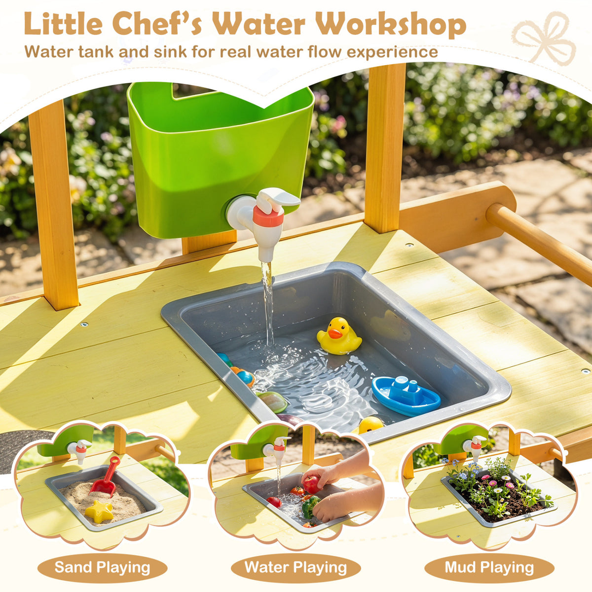 Wooden Outdoor Mud Kitchen for Kids with Flowerpots and Wheels-Yellow