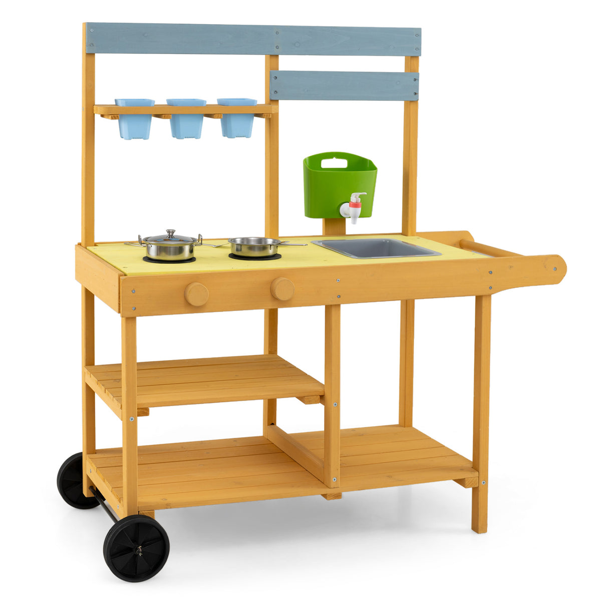 Wooden Outdoor Mud Kitchen for Kids with Sink, Flowerpots & Wheels-Play Kitchen Sets-DECOROLALA