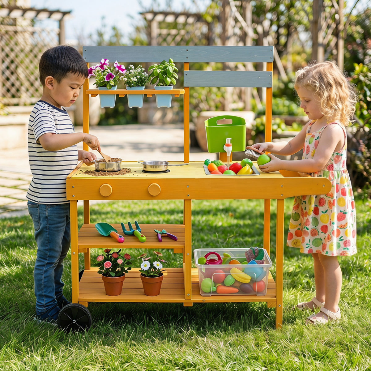 Wooden Outdoor Mud Kitchen for Kids with Sink, Flowerpots & Wheels-Play Kitchen Sets-DECOROLALA