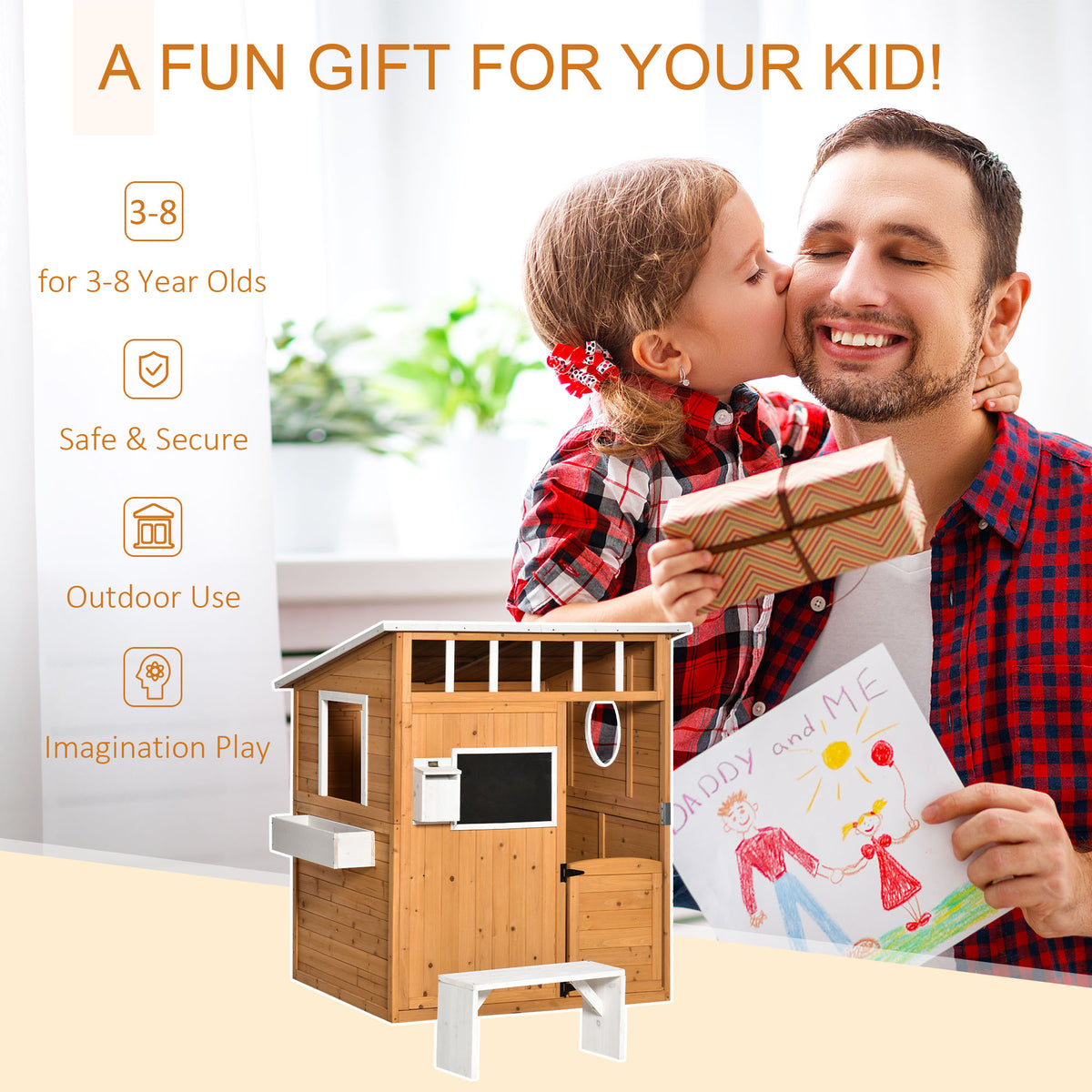 Wooden Outdoor Playhouse for Kids with Working Door, Windows, Mailbox, Bench, Flowers Box and Blackboard, Yellow-Toys & Games > Baby & Toddler Toys > Toy Playsets > Play Houses-DECOROLALA