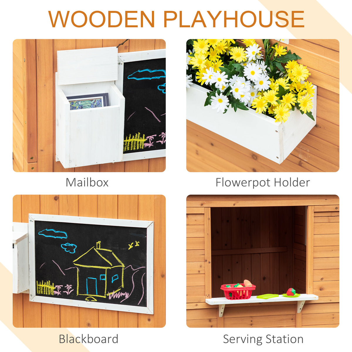 Wooden Outdoor Playhouse for Kids with Working Door, Windows, Mailbox, Bench, Flowers Box and Blackboard, Yellow-Toys & Games > Baby & Toddler Toys > Toy Playsets > Play Houses-DECOROLALA