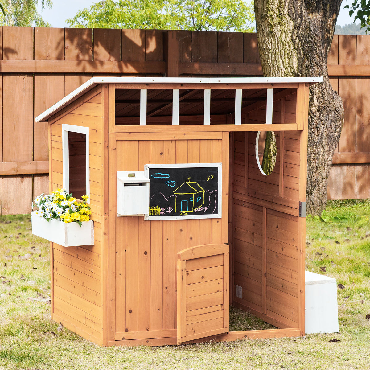 Wooden Outdoor Playhouse for Kids with Working Door, Windows, Mailbox, Bench, Flowers Box and Blackboard, Yellow-Toys & Games > Baby & Toddler Toys > Toy Playsets > Play Houses-DECOROLALA
