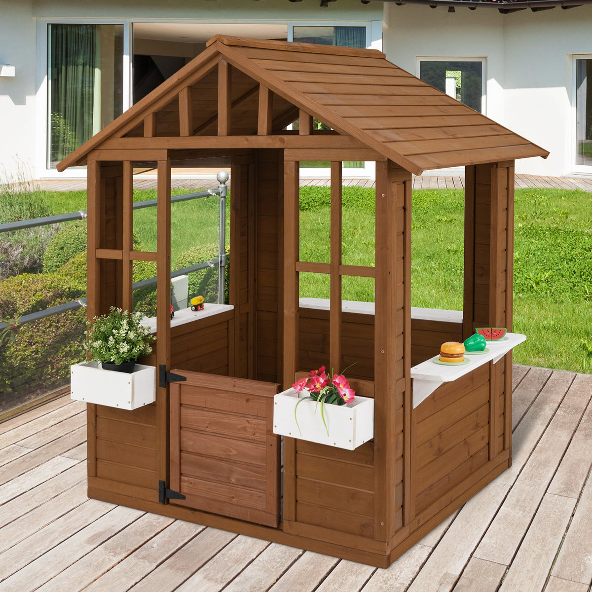 Wooden Outdoor Playhouse with Serving Stations - Natural/White-Playhouses & Play Tents-DECOROLALA