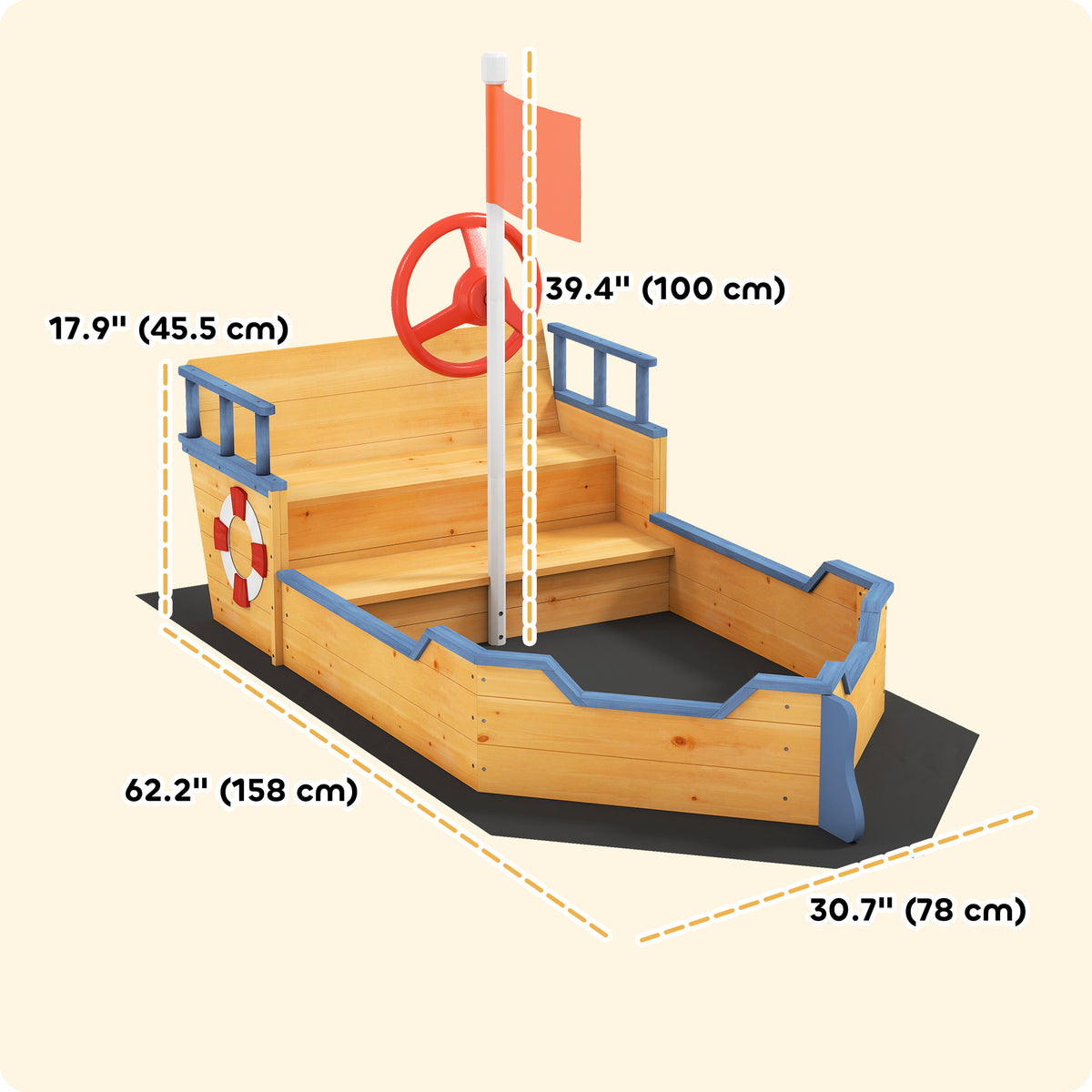 Kids Wooden Sandbox Pirate Ship Sandboat Outdoor Backyard Playset Children Sandpit w/ Bench Seat Storage Space & Flag for 3-6 Years Old-Sandboxes-DECOROLALA