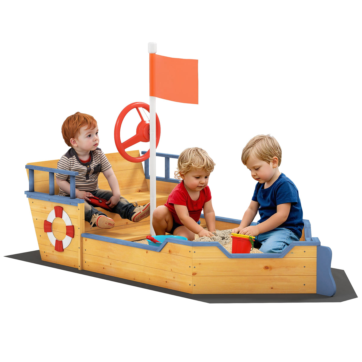 Kids Wooden Sandbox Pirate Ship Sandboat Outdoor Backyard Playset Children Sandpit w/ Bench Seat Storage Space & Flag for 3-6 Years Old-Sandboxes-DECOROLALA