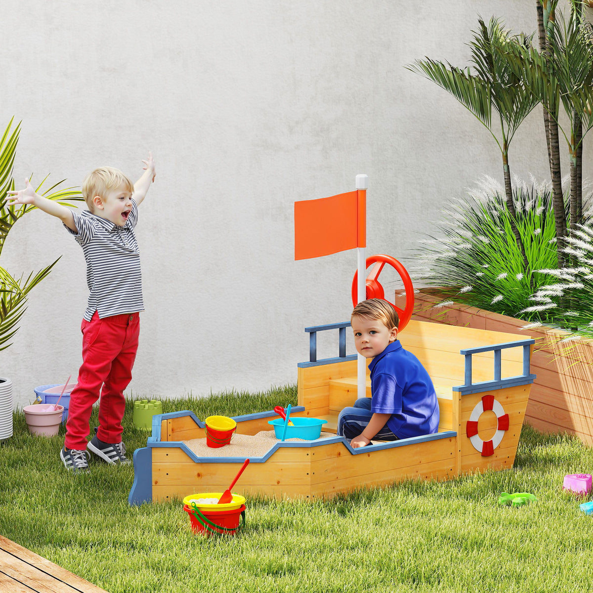 Wooden Pirate Ship Sandbox with Bench Seat and Storage - Natural Wood-Sandboxes-DECOROLALA