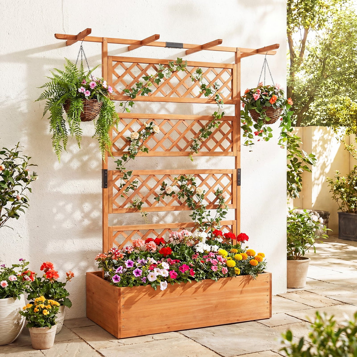 Wooden Planter Box with Lattice Trellis Raised Garden Bed Privacy Screen with Flat Roof-Orange-Raised Garden Beds-DECOROLALA