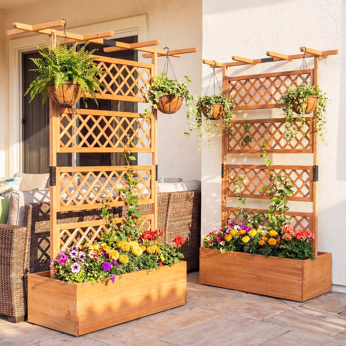 Wooden Planter Box with Lattice Trellis Raised Garden Bed Privacy Screen with Flat Roof-Orange-Raised Garden Beds-DECOROLALA