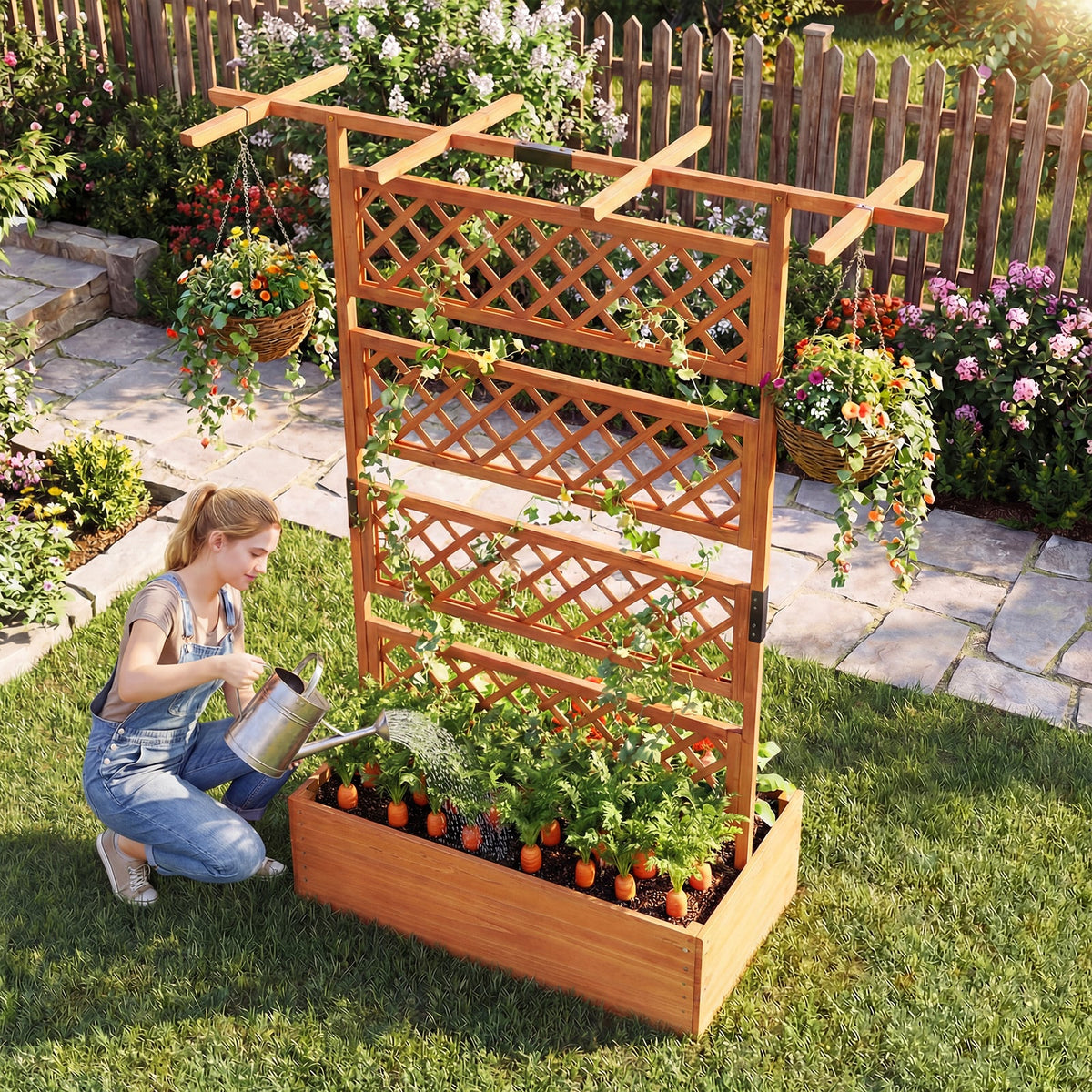 Wooden Planter Box with Lattice Trellis Raised Garden Bed Privacy Screen with Flat Roof-Orange-Raised Garden Beds-DECOROLALA