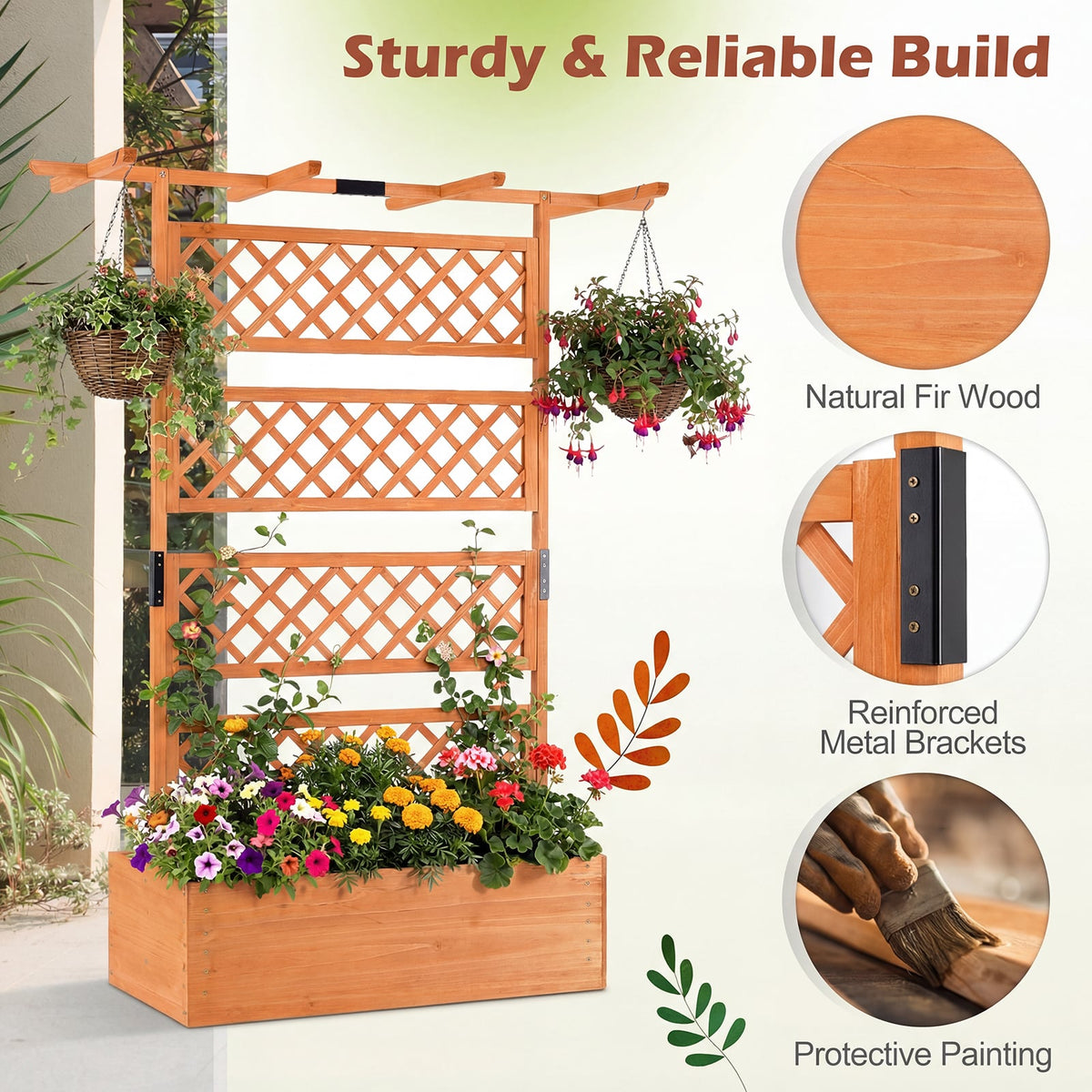 Wooden Planter Box with Lattice Trellis Raised Garden Bed Privacy Screen with Flat Roof-Orange-Raised Garden Beds-DECOROLALA