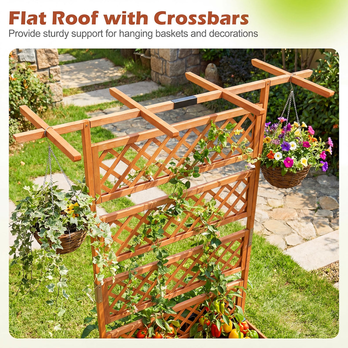 Wooden Planter Box with Lattice Trellis Raised Garden Bed Privacy Screen with Flat Roof-Orange-Raised Garden Beds-DECOROLALA