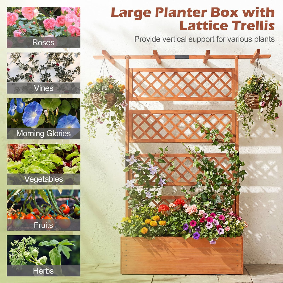Wooden Planter Box with Lattice Trellis Raised Garden Bed Privacy Screen with Flat Roof-Orange-Raised Garden Beds-DECOROLALA