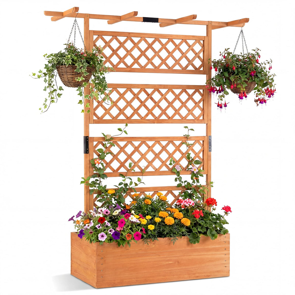 Wooden Planter Box with Lattice Trellis Raised Garden Bed Privacy Screen with Flat Roof-Orange-Raised Garden Beds-DECOROLALA