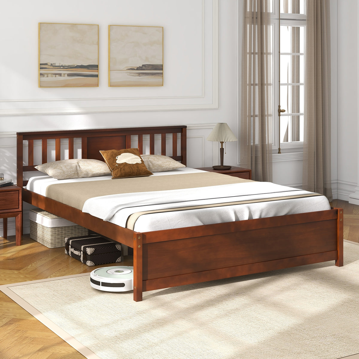 Wooden Platform Bed with Headboard and Slat Support-Queen Size-Simple Bed Frame-DECOROLALA