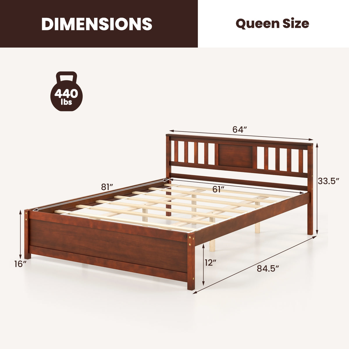 Wooden Platform Bed with Headboard and Slat Support-Queen Size-Simple Bed Frame-DECOROLALA