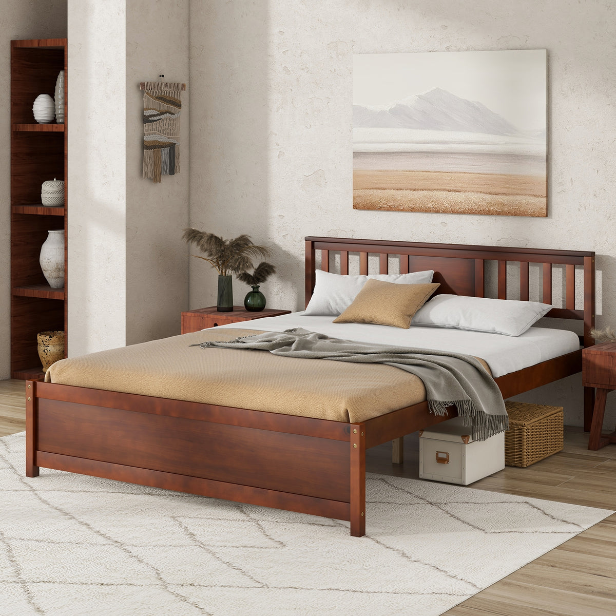 Wooden Platform Bed with Headboard and Slat Support-Queen Size-Simple Bed Frame-DECOROLALA