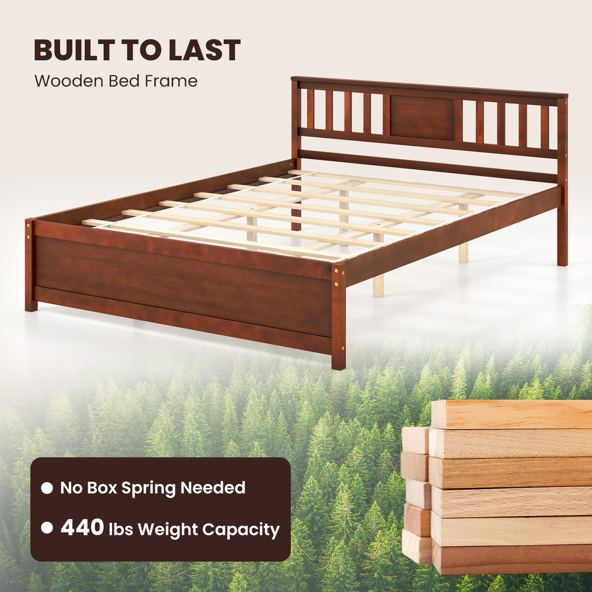 Wooden Platform Bed with Headboard and Slat Support-Queen Size-Simple Bed Frame-DECOROLALA