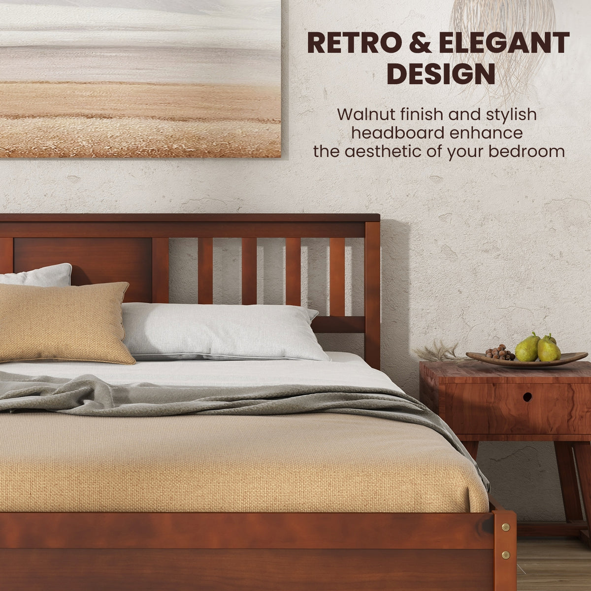 Wooden Platform Bed with Headboard and Slat Support-Queen Size-Simple Bed Frame-DECOROLALA