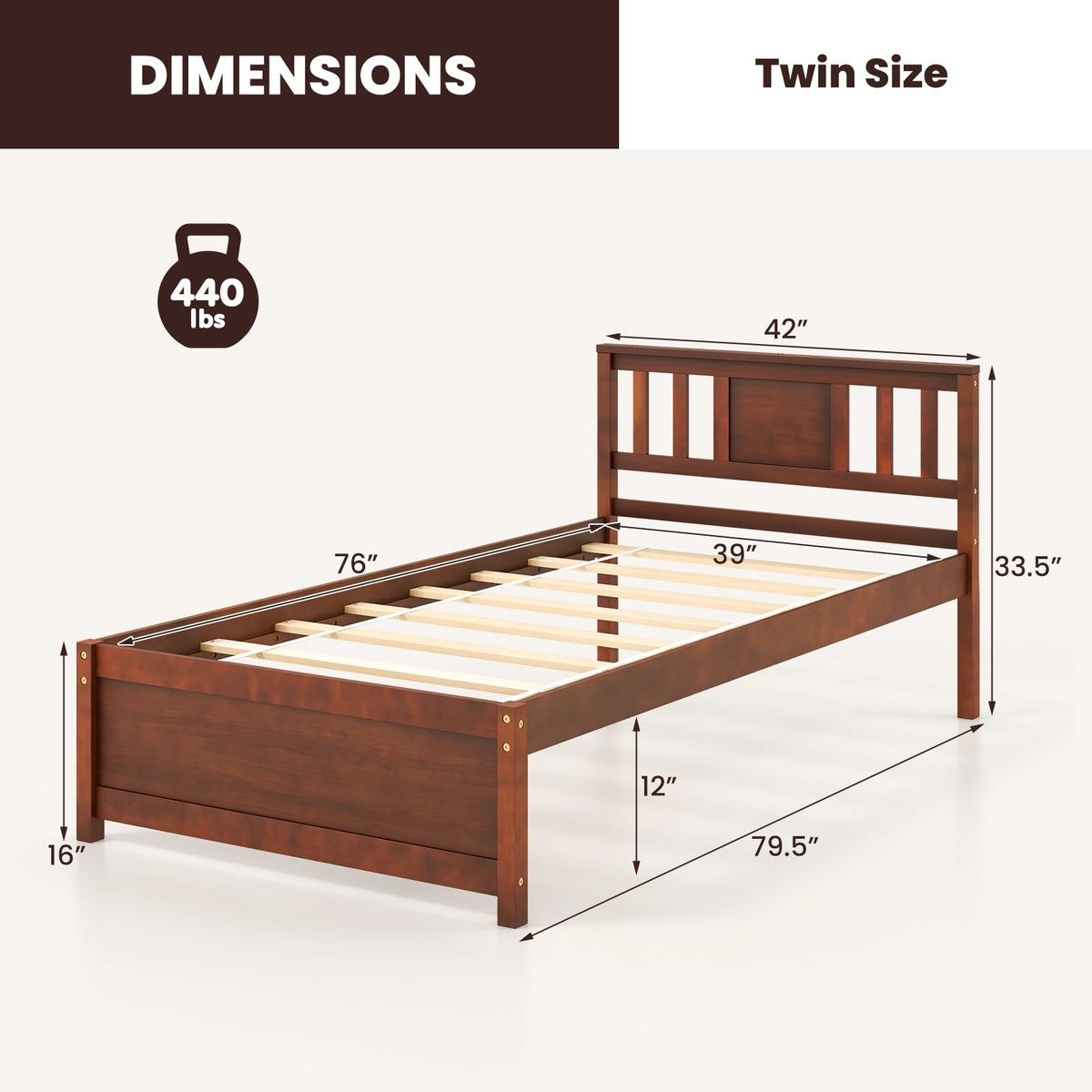 Wooden Platform Bed with Headboard and Slat Support-Twin Size-Simple Bed Frame-DECOROLALA