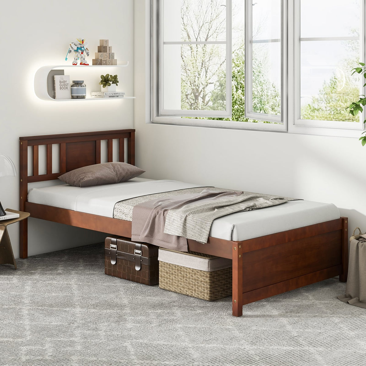 Wooden Platform Bed with Headboard and Slat Support-Twin Size-Simple Bed Frame-DECOROLALA