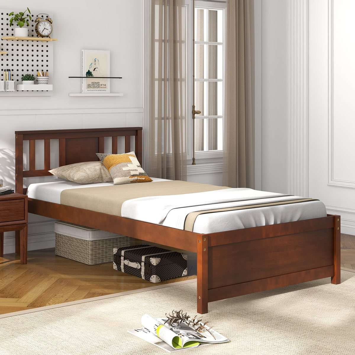 Wooden Platform Bed with Headboard and Slat Support-Twin Size-Simple Bed Frame-DECOROLALA