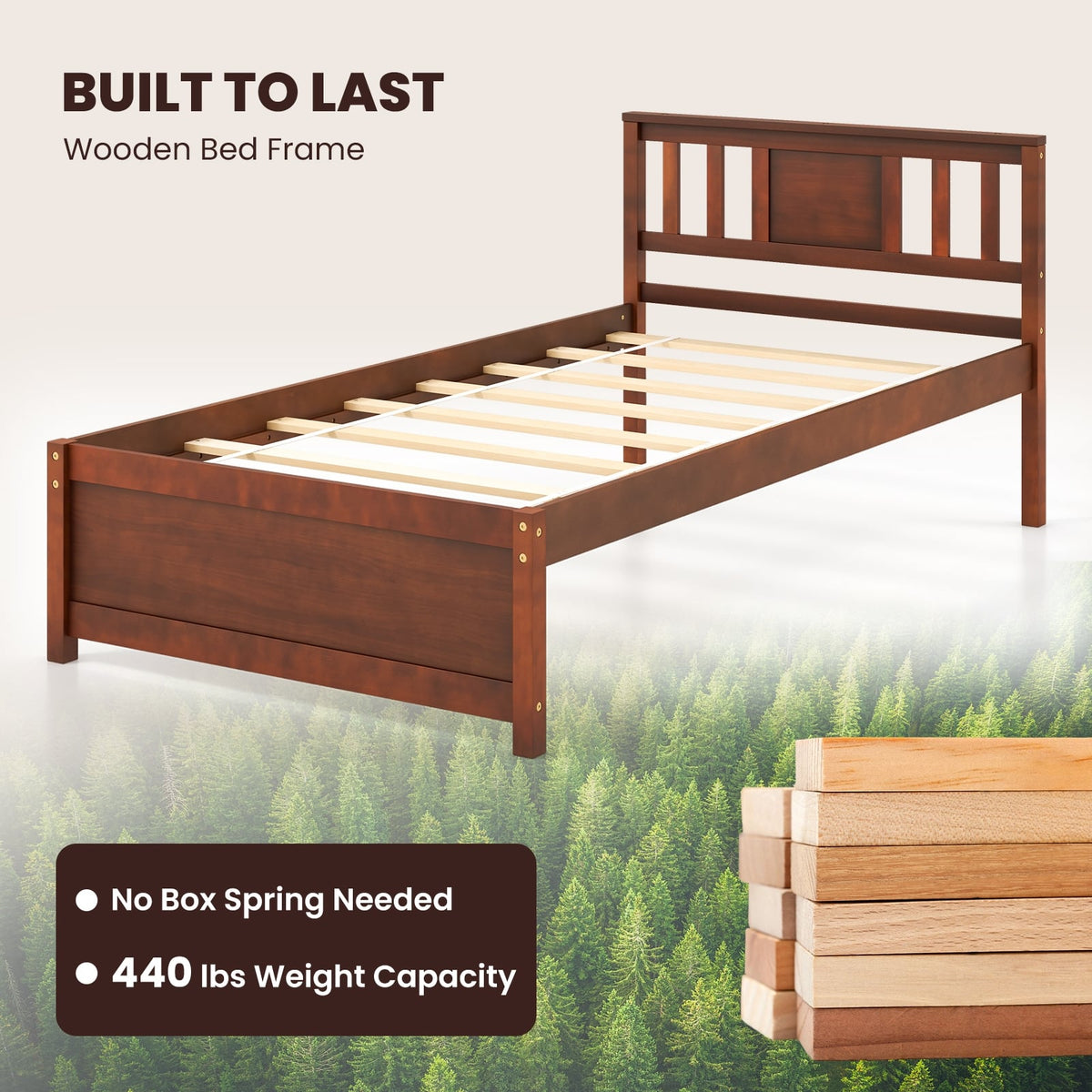 Wooden Platform Bed with Headboard and Slat Support-Twin Size-Simple Bed Frame-DECOROLALA