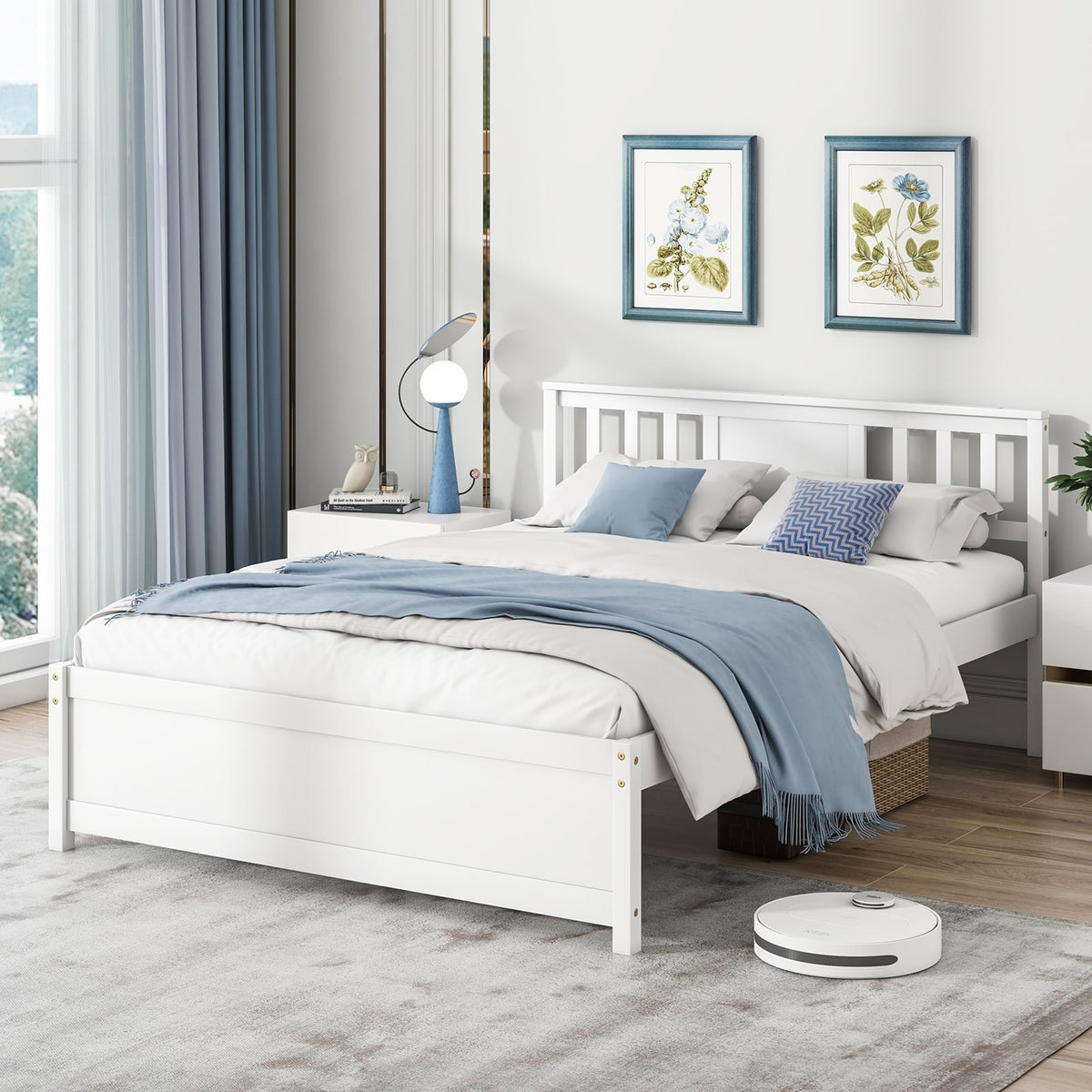 Wooden Platform Bed with Headboard and Wood Slat Support White-Full Size-Simple Bed Frame-DECOROLALA