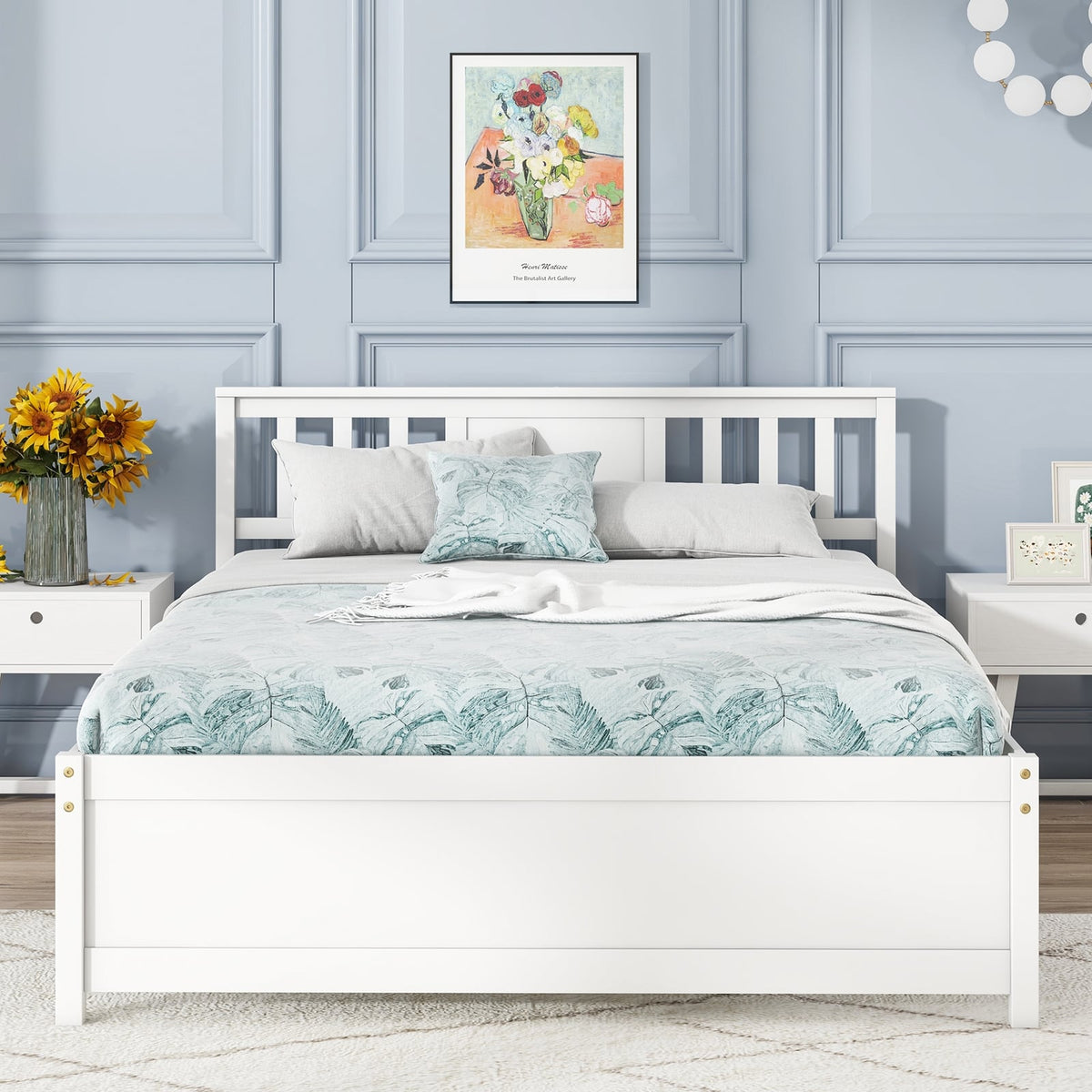 Wooden Platform Bed with Headboard and Wood Slat Support White-Full Size-Simple Bed Frame-DECOROLALA