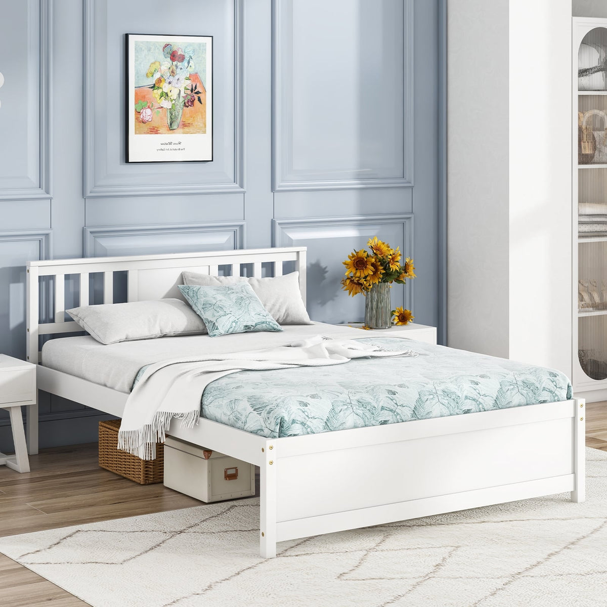 Wooden Platform Bed with Headboard and Wood Slat Support White-Full Size-Simple Bed Frame-DECOROLALA