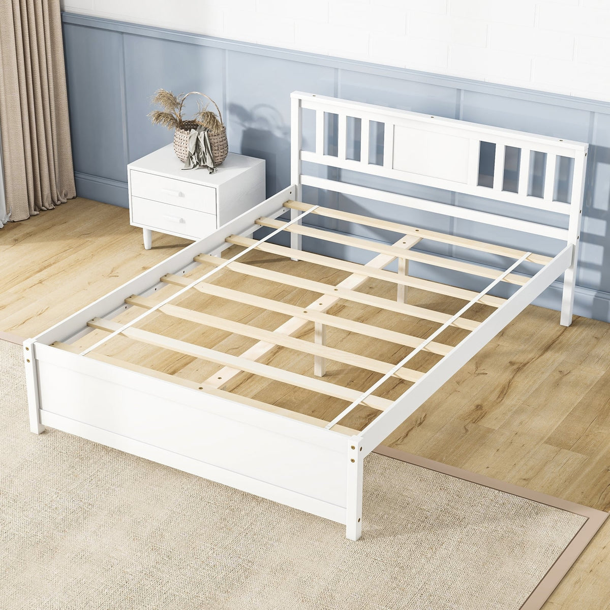 Wooden Platform Bed with Headboard and Wood Slat Support White-Full Size-Simple Bed Frame-DECOROLALA