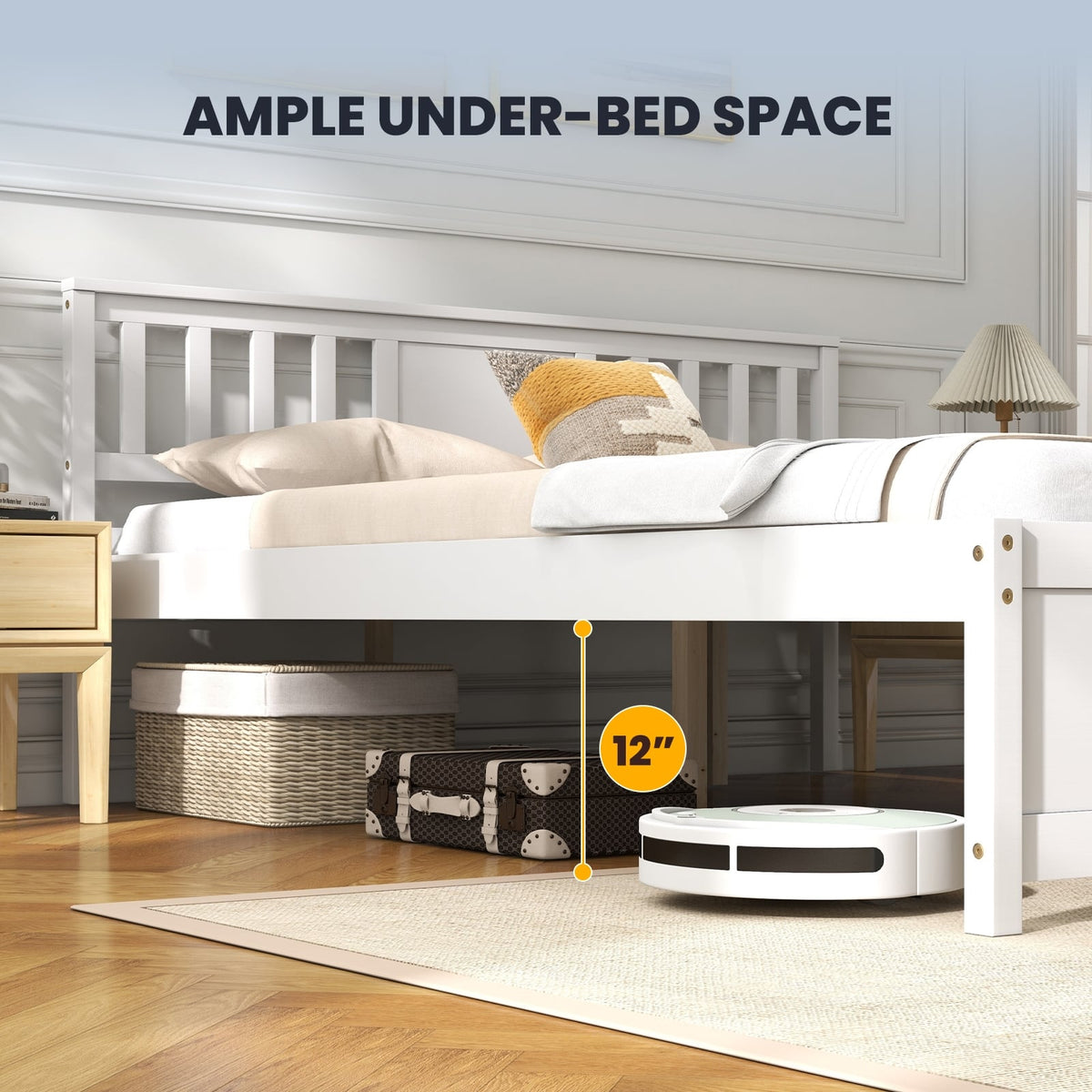 Wooden Platform Bed with Headboard and Wood Slat Support White-Full Size-Simple Bed Frame-DECOROLALA
