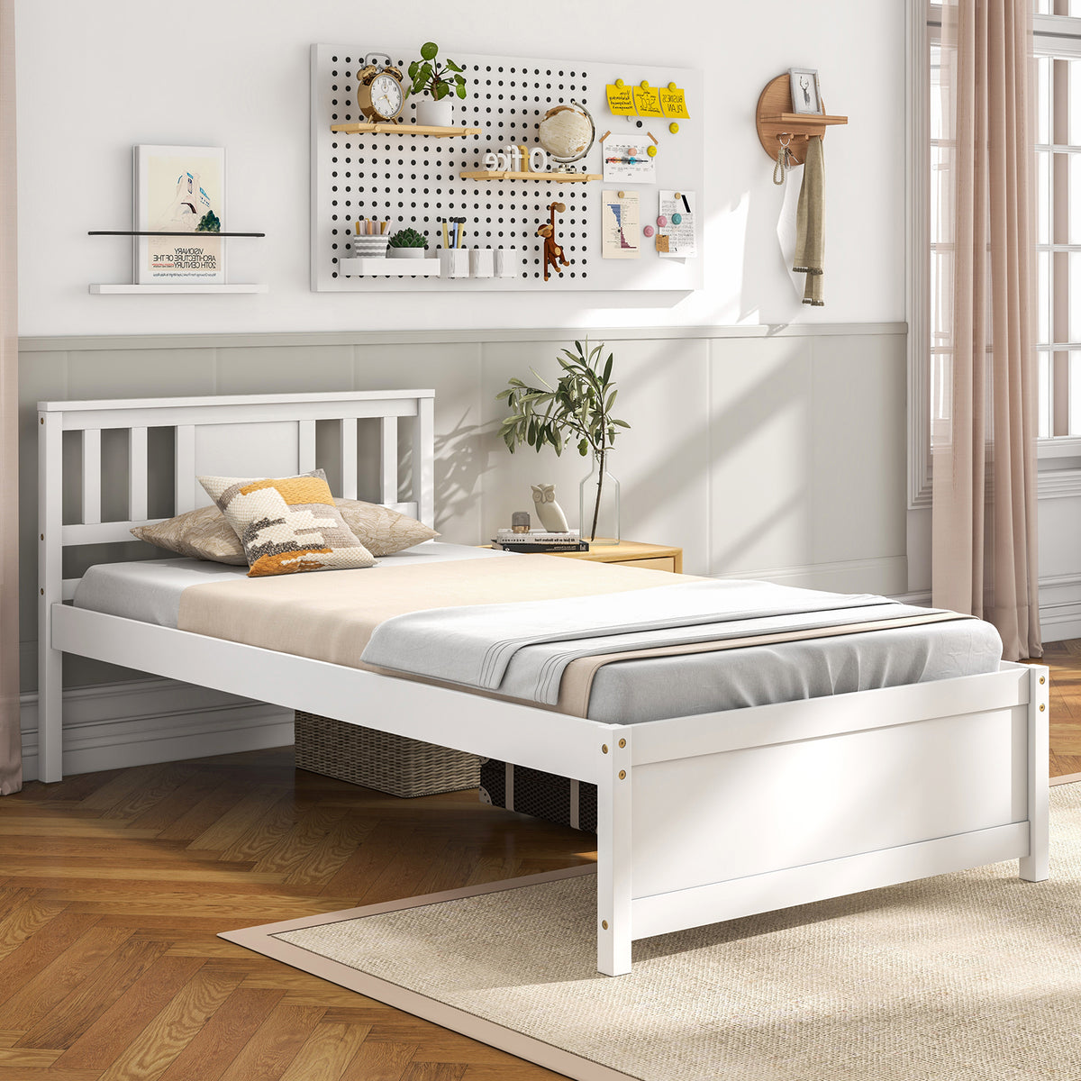 Wooden Platform Bed with Headboard and Wood Slat Support White-Simple Bed Frame-DECOROLALA