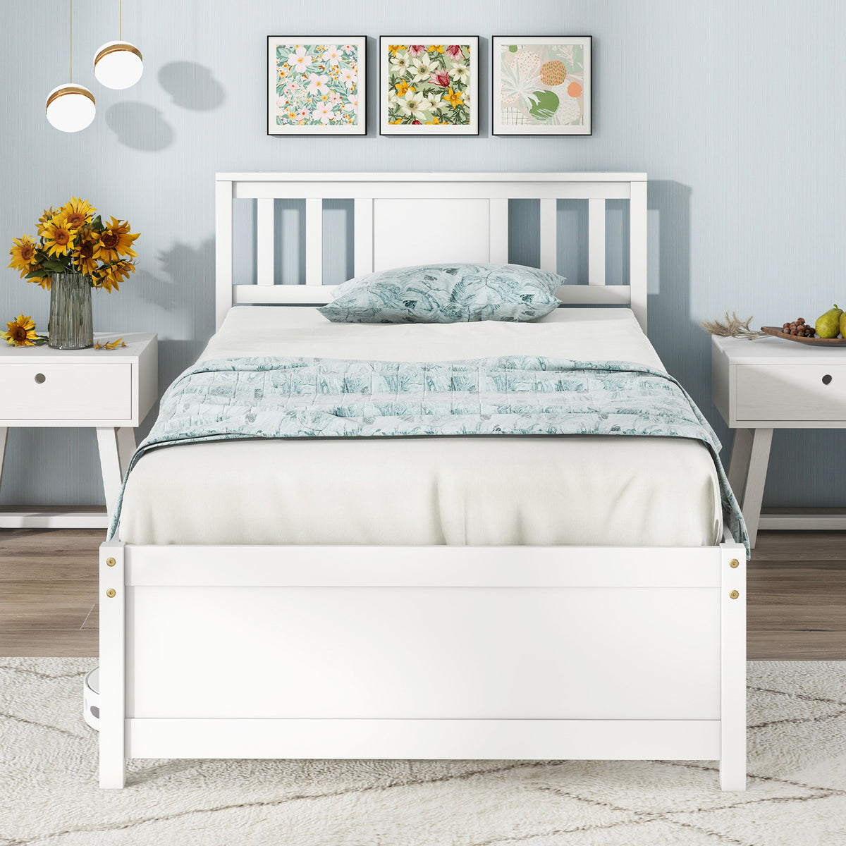 Wooden Platform Bed with Headboard and Wood Slat Support White-Simple Bed Frame-DECOROLALA