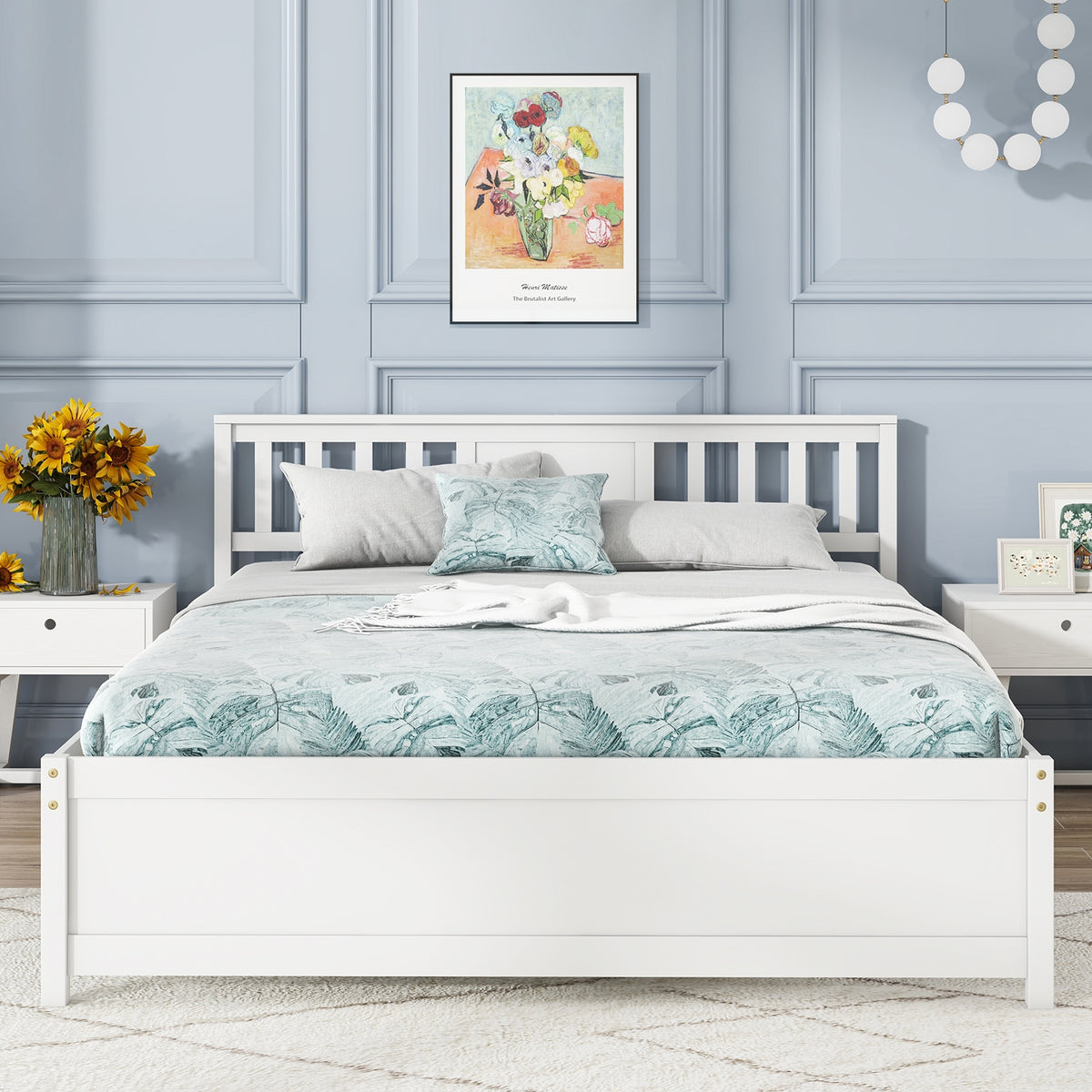 Wooden Platform Bed with Headboard and Wood Slat Support White-Simple Bed Frame-DECOROLALA