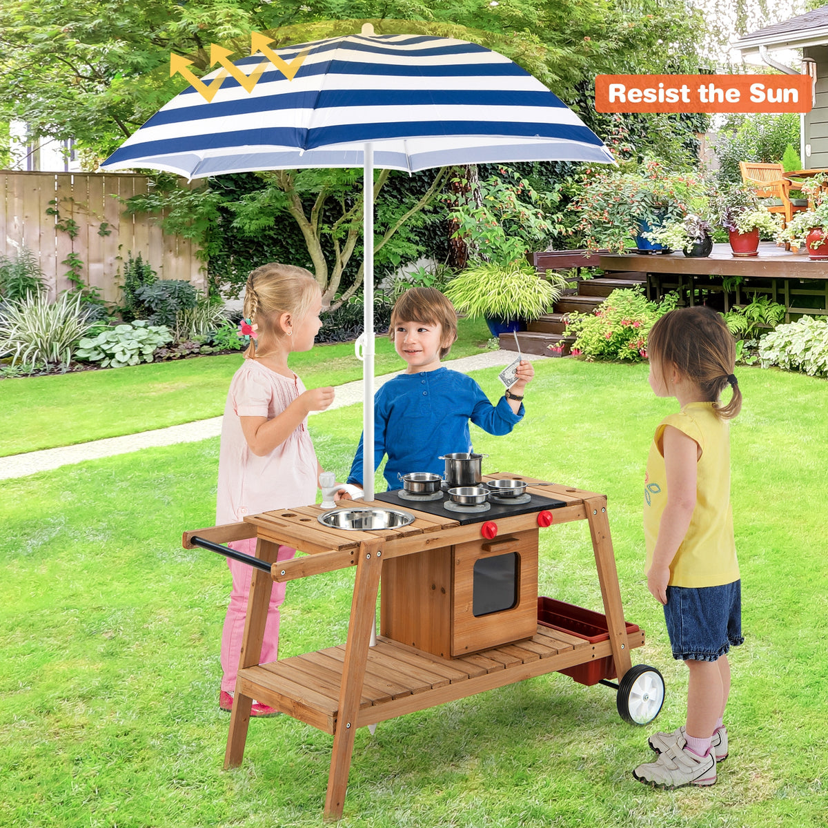 Chariot de jeu en bois avec parasol résistant au soleil pour tout-petits de plus de 3 ans