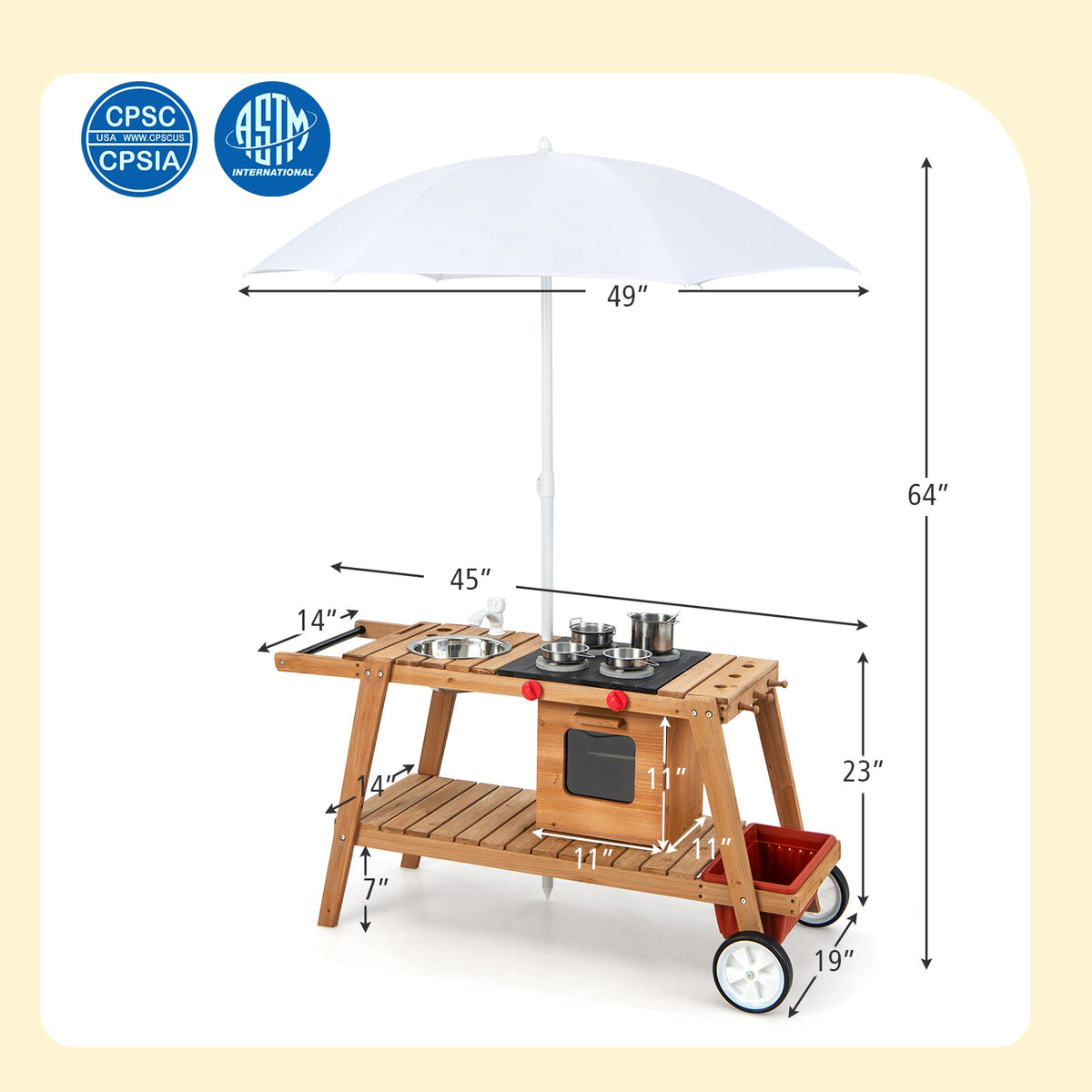 Chariot de jeu en bois avec parasol résistant au soleil pour tout-petits de plus de 3 ans
