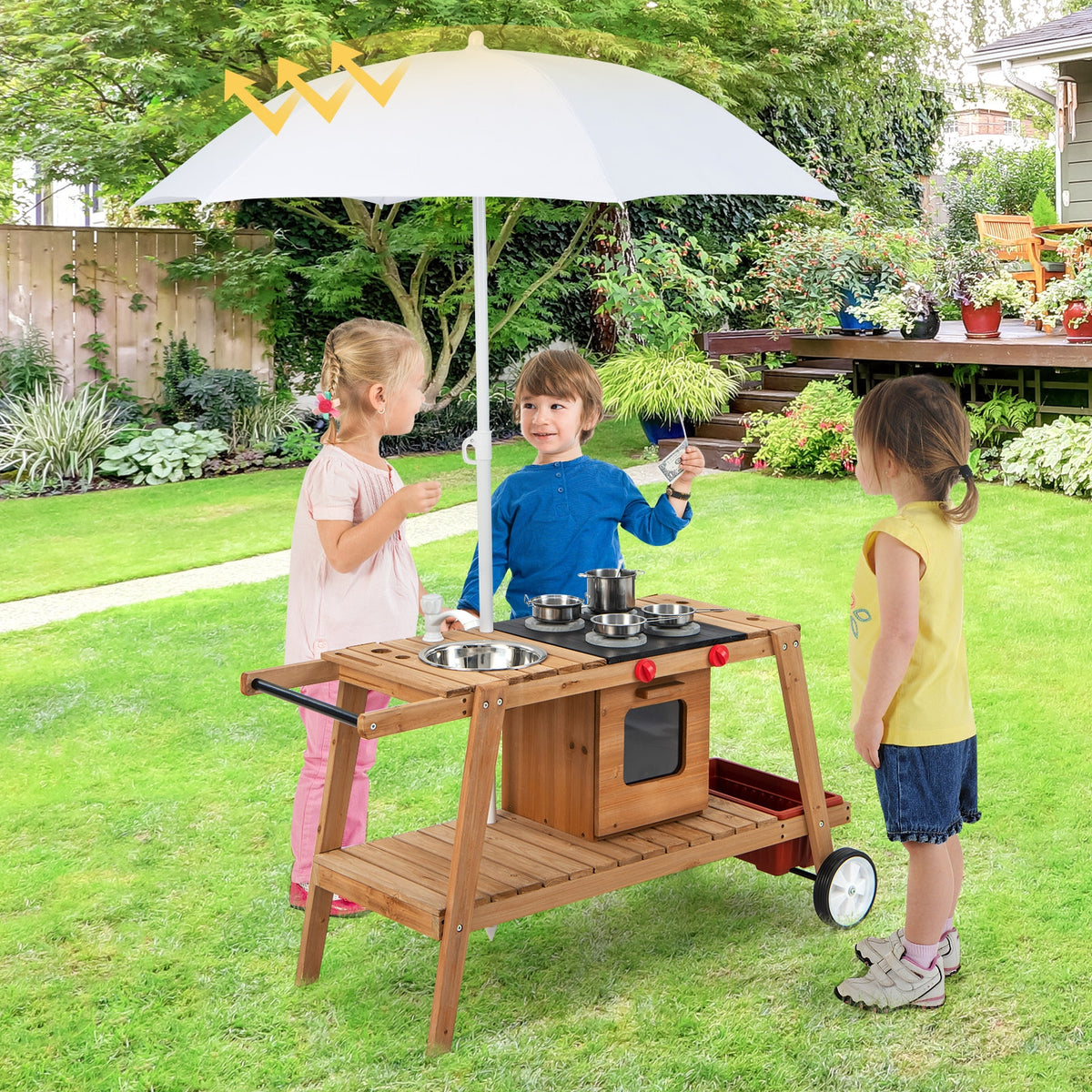 Wooden Play Kitchen Cart with Umbrella - Fir Wood Toddler Toy-Play Kitchen Sets-DECOROLALA
