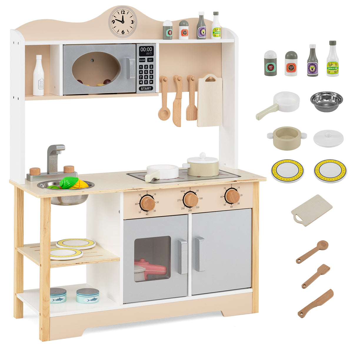 Wooden Play Kitchen Cooking Toy Playset for Kids - White 27"-Play Kitchen Sets-DECOROLALA